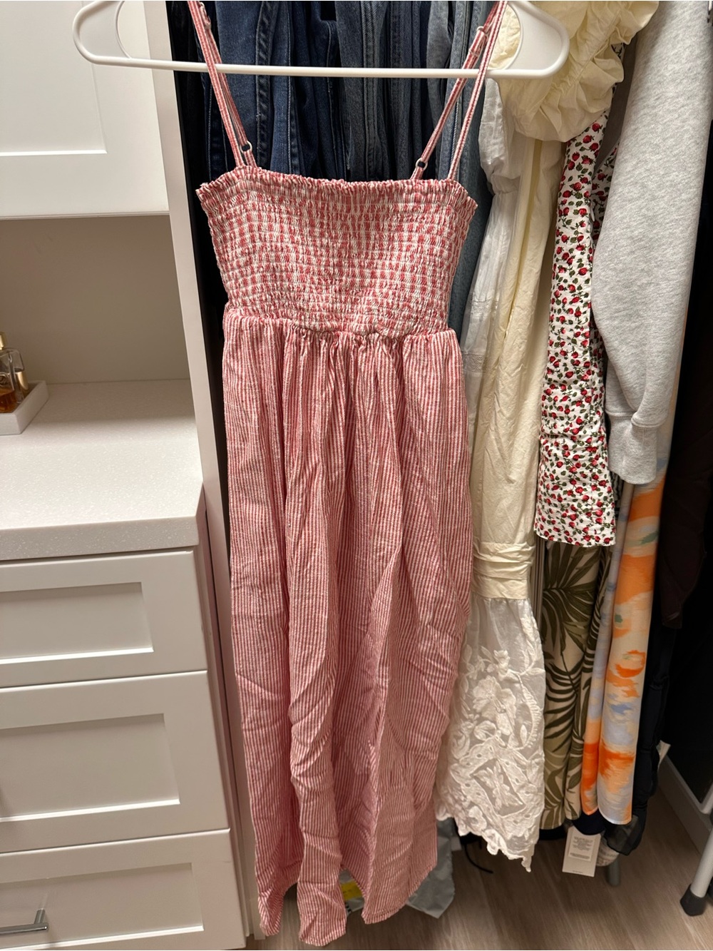 Aerie Red Striped Smocked Maxi Dress